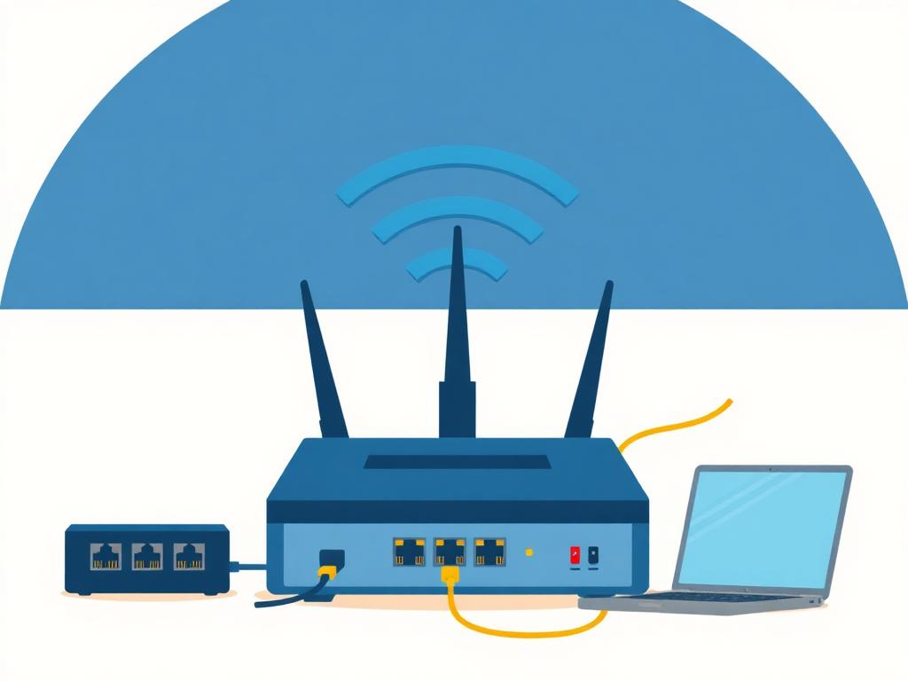 Illustration : routeur Wi-Fi, câbles réseau RJ45 et ordinateur portable