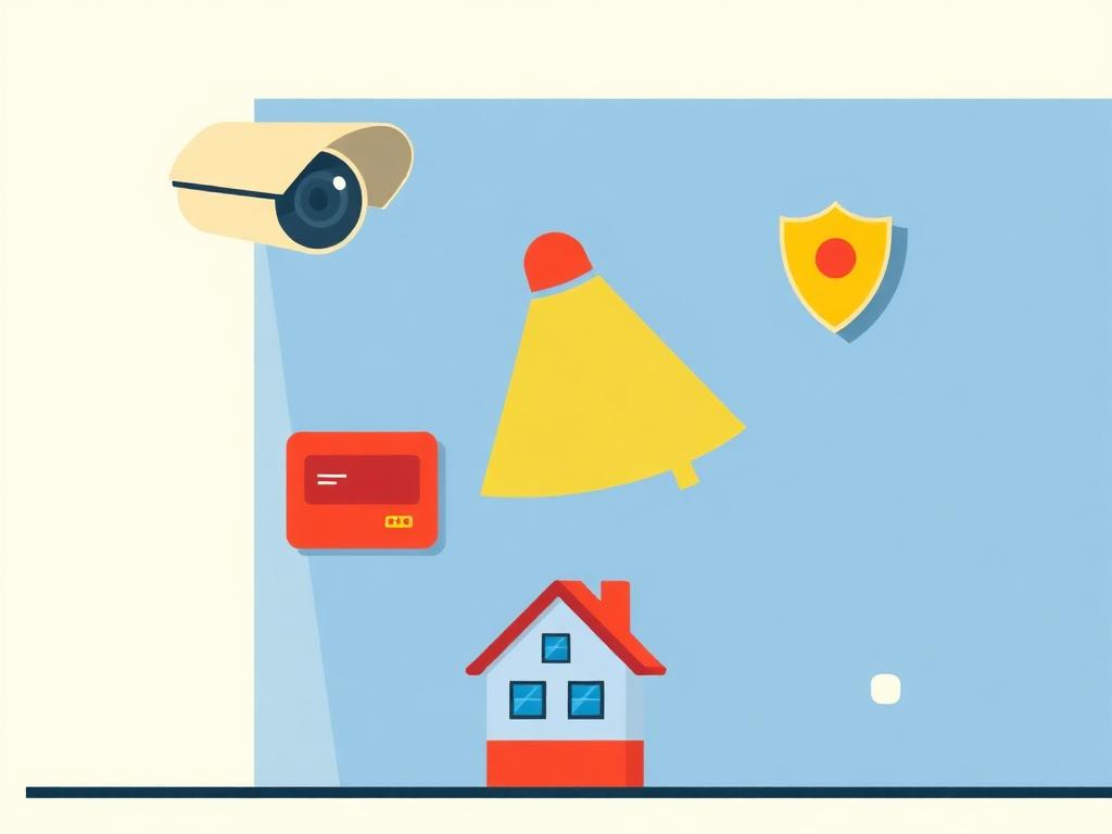 Illustration : caméra de surveillance, alarme et bouclier protégeant une maison